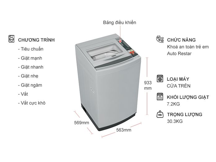 Máy giặt Aqua 7.2 kg AQW-S72CT chính hãng giá kho tại Tín Phát