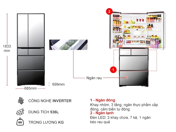 Tủ lạnh Hitachi Inverter 536 lít R-G520GV (X)